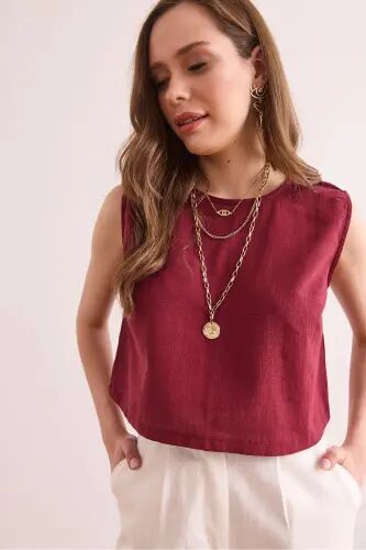 Kadın Bordo Flam Keten Crop Bluz BLZ-19002925 - Bordo - Olalook (1)