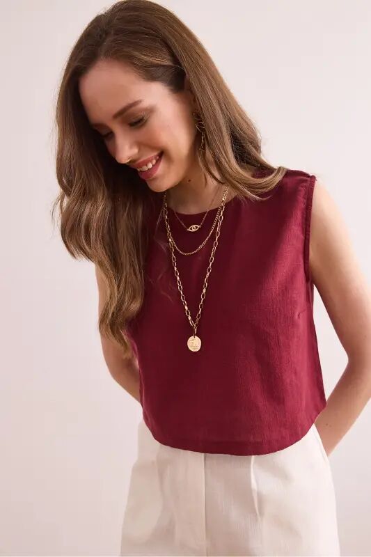 Kadın Bordo Flam Keten Crop Bluz BLZ-19002925 - Bordo - 3