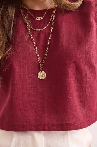Kadın Bordo Flam Keten Crop Bluz BLZ-19002925 - Bordo - 5