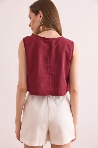 Kadın Bordo Flam Keten Crop Bluz BLZ-19002925 - Bordo - 6