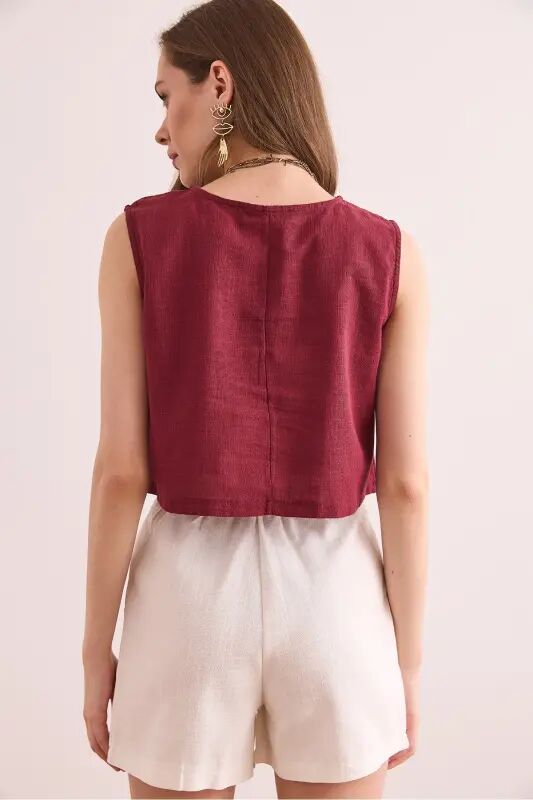 Kadın Bordo Flam Keten Crop Bluz BLZ-19002925 - Bordo - 6