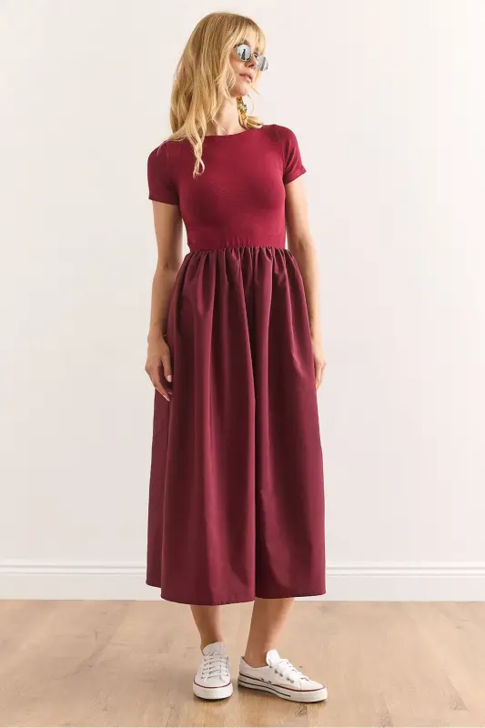 Kadın Bordo Garnili Kısa Kol Midi Elbise ELB-19002366 - Bordo - 1