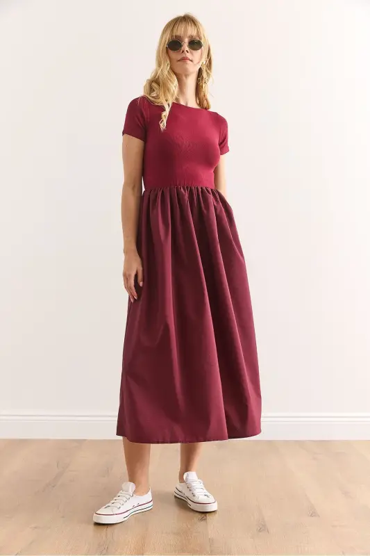 Kadın Bordo Garnili Kısa Kol Midi Elbise ELB-19002366 - Bordo - 4
