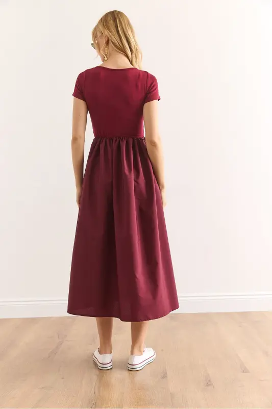 Kadın Bordo Garnili Kısa Kol Midi Elbise ELB-19002366 - Bordo - 6