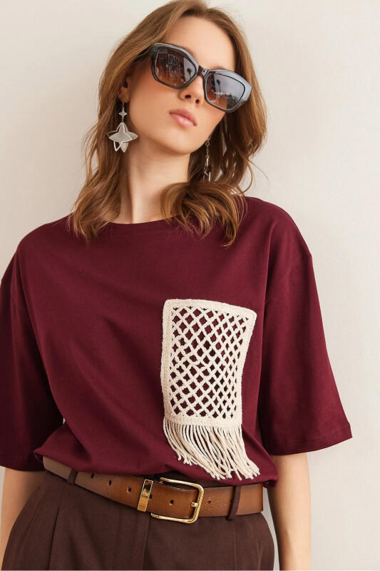 Kadın Bordo Garnili Tişört TSH-19000768 - Bordo - OLALOOK