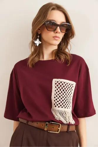 Kadın Bordo Garnili Tişört TSH-19000768-Bordo - 5