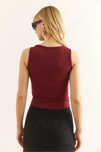 Kadın Bordo Gold Düğmeli Fitilli Crop Bluz BLZ-19002957 - Bordo - 6