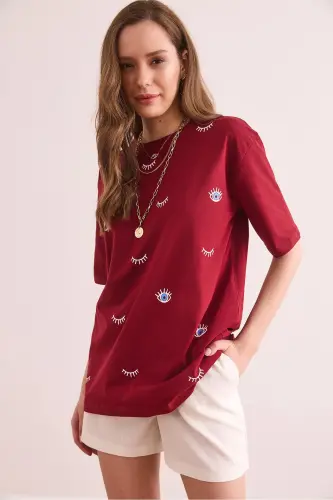 Kadın Bordo Göz Baskılı Tişört TSH-19000817-Bordo - 4