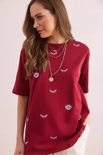 Kadın Bordo Göz Baskılı Tişört TSH-19000817-Bordo - 5