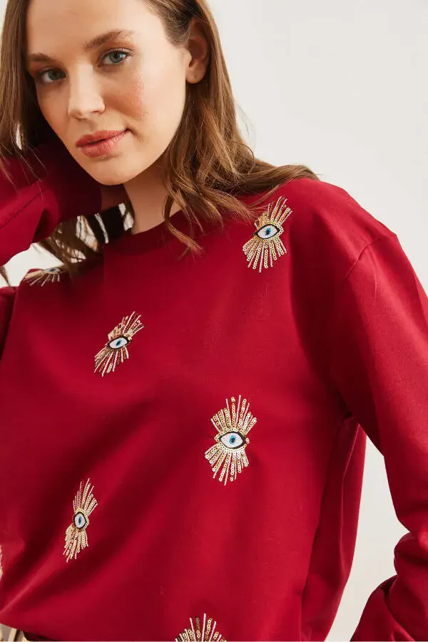 Kadın Bordo Göz Nakışlı Mevsimlik Sweatshirt SWT-19000598-Bordo - 7