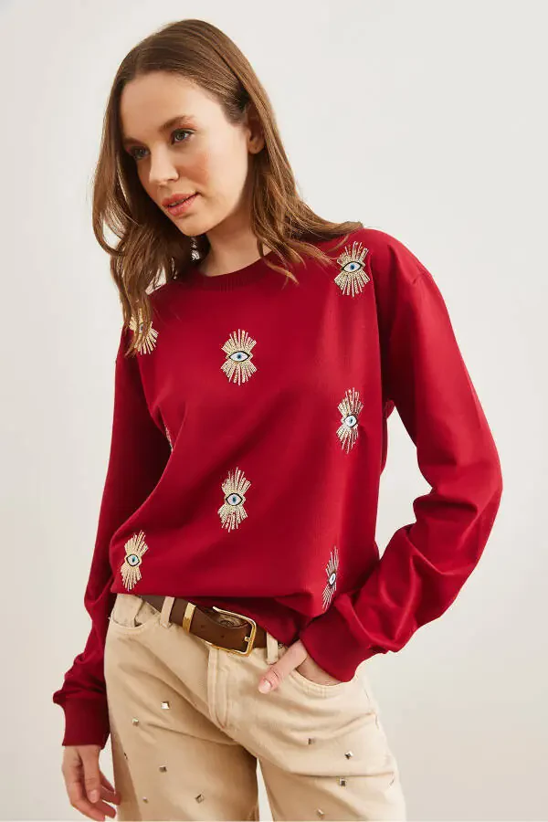 Kadın Bordo Göz Nakışlı Mevsimlik Sweatshirt SWT-19000598-Bordo - 8