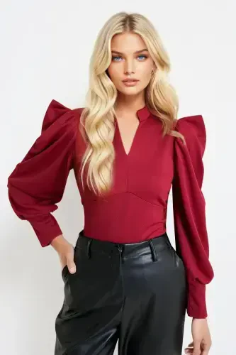 Kadın Bordo Hakim Yaka Prenses Kol Dokuma Crop Bluz ALC-X9659-BORDO - TREND ALAÇATI STILI (1)