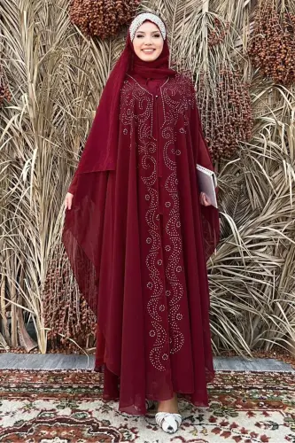 KADIN BORDO İŞLEMELİ TÜLLÜ İKİLİ FERACE TAKIM T 6773-BORDO 