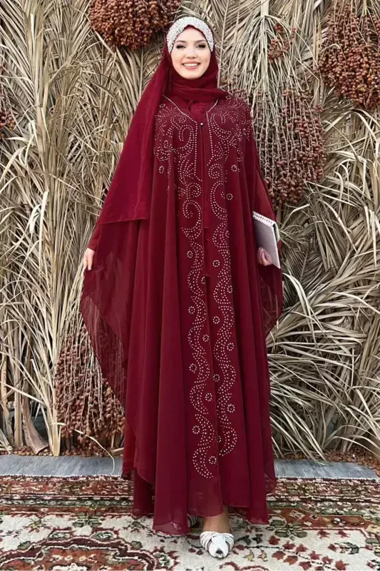 KADIN BORDO İŞLEMELİ TÜLLÜ İKİLİ FERACE TAKIM T 6773-BORDO - TRENDTESETTÜR