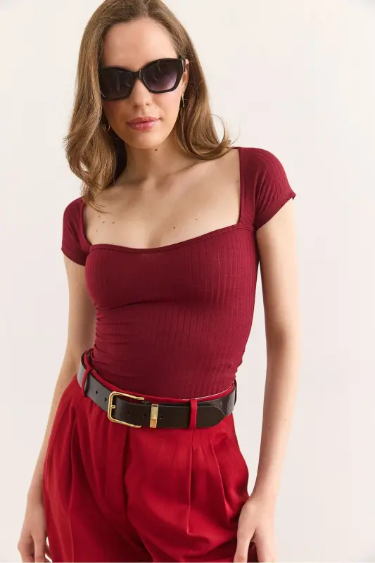 Kadın Bordo Kalp Yaka Fitilli Bluz BLZ-19002953 - Bordo - 3