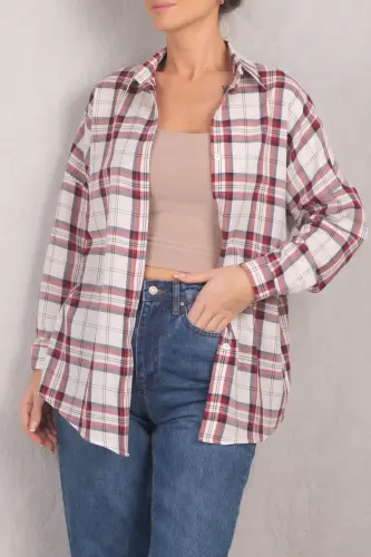 Kadın Bordo Kare Desen Oversize Uzun Basic Gömlek ARM-22Y001144-Bordo - ARMONIKA (1)
