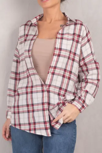 Kadın Bordo Kare Desen Oversize Uzun Basic Gömlek ARM-22Y001144-Bordo - 1