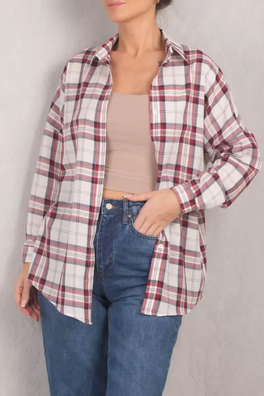 Kadın Bordo Kare Desen Oversize Uzun Basic Gömlek ARM-22Y001144-Bordo - 2