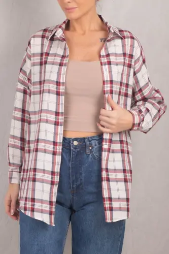 Kadın Bordo Kare Desen Oversize Uzun Basic Gömlek ARM-22Y001144-Bordo - 3