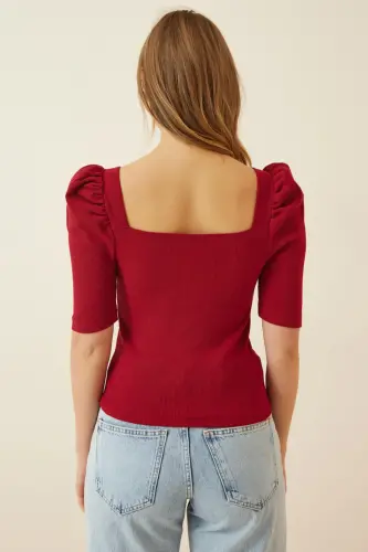 Kadın Bordo Kare Yaka Fitilli Crop Bluz GT00007 - Bordo - 3