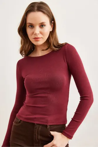 Kadın Bordo Kayık Yaka Penye Modal Esnek Bluz BLZ-19002804 - Bordo - OLALOOK (1)
