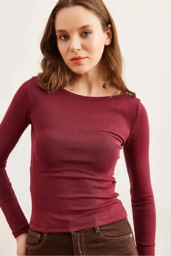 Kadın Bordo Kayık Yaka Penye Modal Esnek Bluz BLZ-19002804 - Bordo - 3