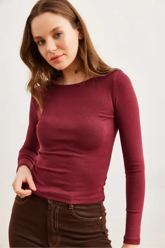 Kadın Bordo Kayık Yaka Penye Modal Esnek Bluz BLZ-19002804 - Bordo - 5