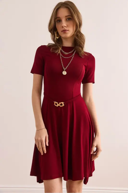 Kadın Bordo Kendinden Kemer Detaylı Yumuşak Dokulu Çan Elbise ELB-19002368-Bordo - 2