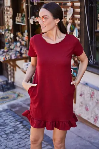Kadın BORDO KISA KOLLU ALTI FIRFIRLI ELBİSE-BORDO 