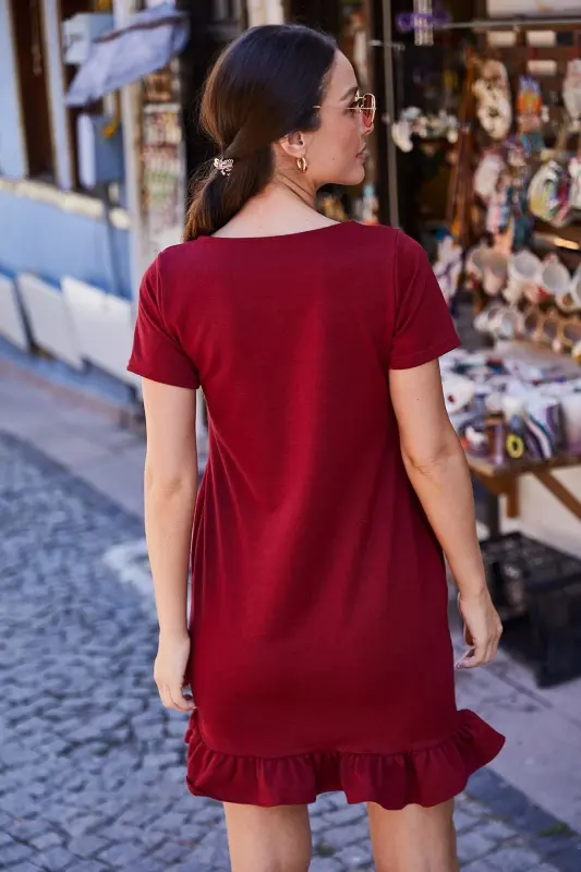 Kadın BORDO KISA KOLLU ALTI FIRFIRLI ELBİSE-BORDO - 3