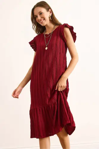 Kadın Bordo Kol Etek Fırfırlı Dokulu Midi Elbise ELB-19002364-Bordo - 4