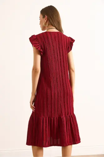 Kadın Bordo Kol Etek Fırfırlı Dokulu Midi Elbise ELB-19002364-Bordo - 6
