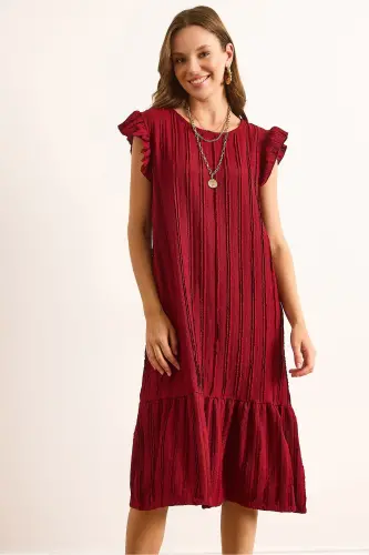 Kadın Bordo Kol Etek Fırfırlı Dokulu Midi Elbise ELB-19002364-Bordo - 3