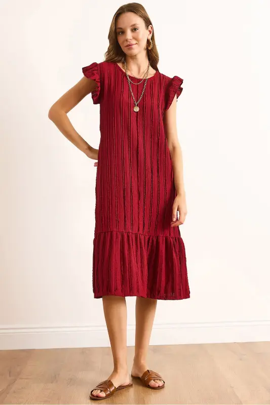 Kadın Bordo Kol Etek Fırfırlı Dokulu Midi Elbise ELB-19002364-Bordo - OLALOOK