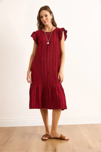 Kadın Bordo Kol Etek Fırfırlı Dokulu Midi Elbise ELB-19002364-Bordo - OLALOOK (1)