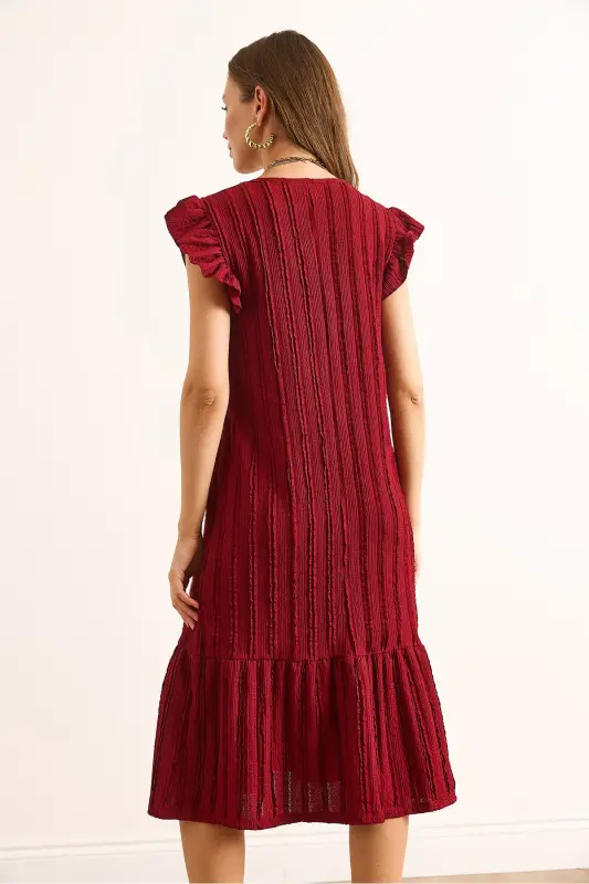 Kadın Bordo Kol Etek Fırfırlı Dokulu Midi Elbise ELB-19002364-Bordo - 6