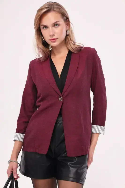 Kadın Bordo Kol İçi Çizgili Tek Düğmeli Ceket ARM-22K001122-Bordo - 4