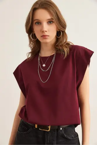 Kadın Bordo Koltuk Altı Parçalı Yarasa Tişört TSH-19000330-Bordo 
