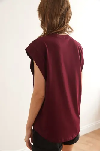 Kadın Bordo Koltuk Altı Parçalı Yarasa Tişört TSH-19000330-Bordo - 2