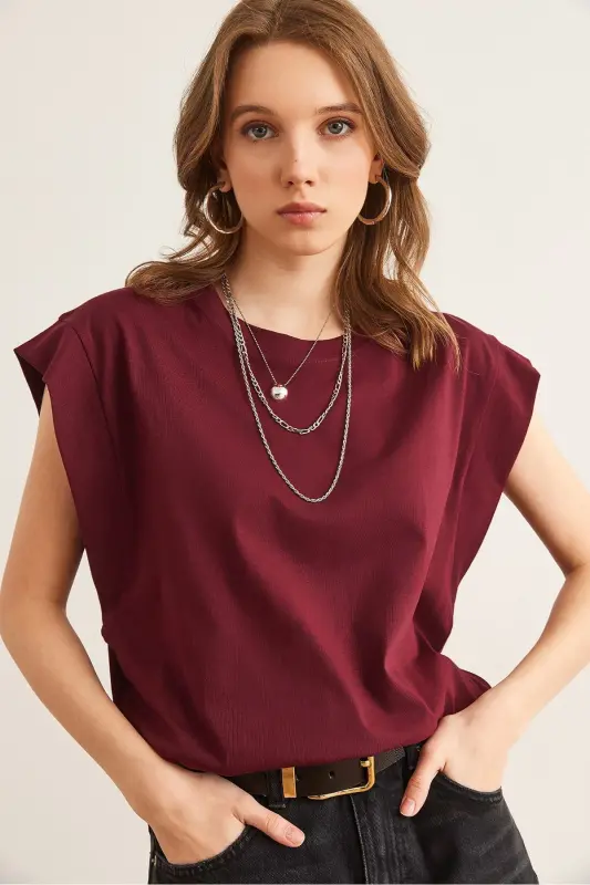 Kadın Bordo Koltuk Altı Parçalı Yarasa Tişört TSH-19000330-Bordo - 4
