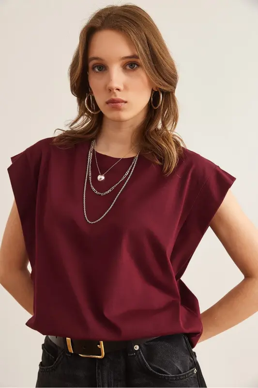 Kadın Bordo Koltuk Altı Parçalı Yarasa Tişört TSH-19000330-Bordo - 5