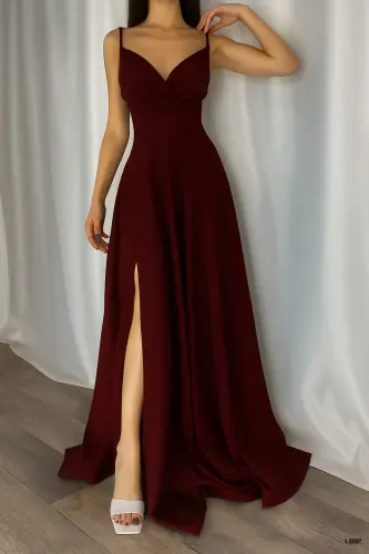Kadın Bordo Krep Kumaş Yırtmaç Detaylı Abiye Elbise - Bordo 