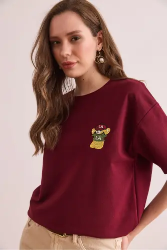 Kadın Bordo LA Nakışlı Boyfriend 2 İp Tişört TSH-1 - 4