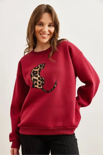 Kadın Bordo Leopar Aplike Şardonlu Oversize Sweatshirt SWT-19000698 - Bordo - 4
