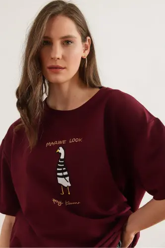 Kadın Bordo Marine Nakışlı Rahat Kalıp Tişört TSH-19000832 - Bordo - 8