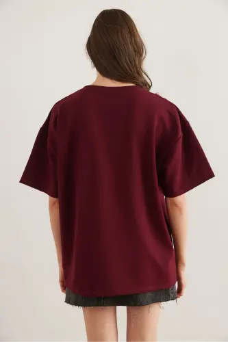 Kadın Bordo Marine Nakışlı Rahat Kalıp Tişört TSH-19000832 - Bordo - 9