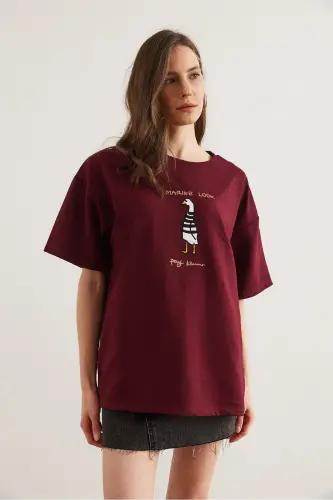 Kadın Bordo Marine Nakışlı Rahat Kalıp Tişört TSH-19000832 - Bordo - 12
