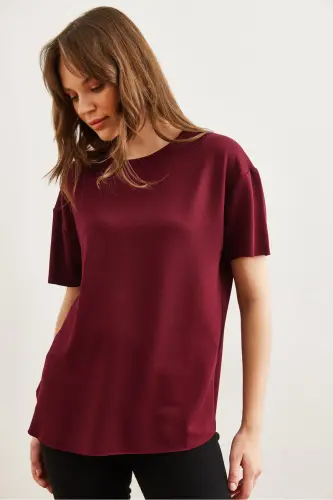 Kadın Bordo Modal Tuşeli Yumuşak Dokulu Altı Oval Tişört TSH-19000771-Bordo 