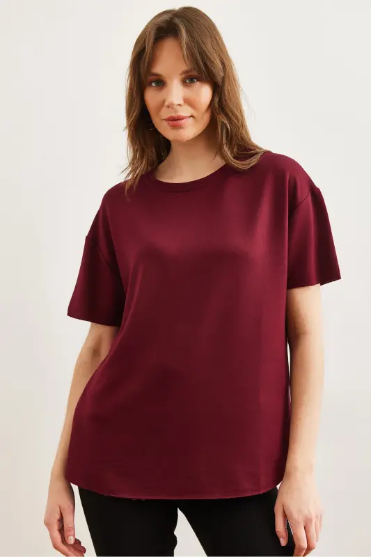 Kadın Bordo Modal Tuşeli Yumuşak Dokulu Altı Oval Tişört TSH-19000771-Bordo - 2