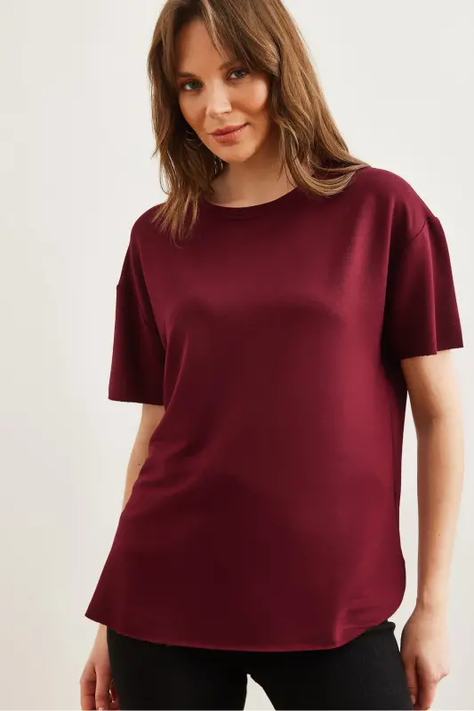 Kadın Bordo Modal Tuşeli Yumuşak Dokulu Altı Oval Tişört TSH-19000771-Bordo - 3